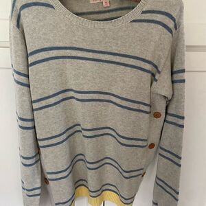 FRESH PRODUCE Medium Gray Blue Striped Sweater Soft Cotton Side Buttons Womens